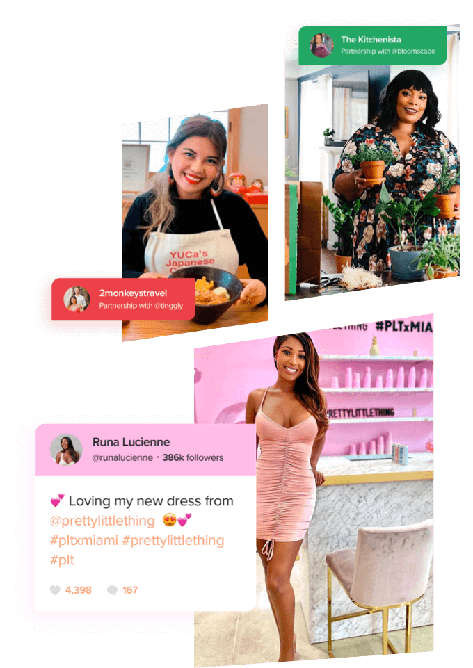 Three examples of influencers partnering with brands to drive sales performance, including The Kitchenista, 2monkeystravel and Runa Lucienne.