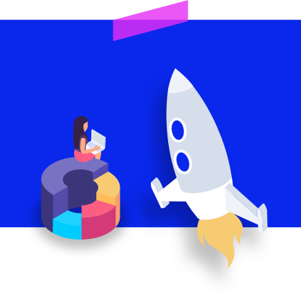 Rocket ship and illustration of a female sitting with a laptop on top of a pie chart.